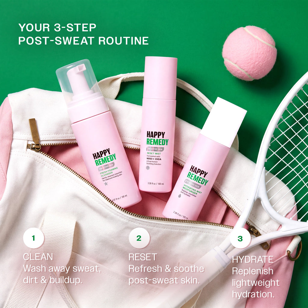 Full Routine Bundle 3-step post-sweat routine: Fresh Foaming Cleanser to wash away sweat and dirt, Reset Mist to refresh and soothe, and Hydrating Mist Moisturizer to replenish lightweight hydration