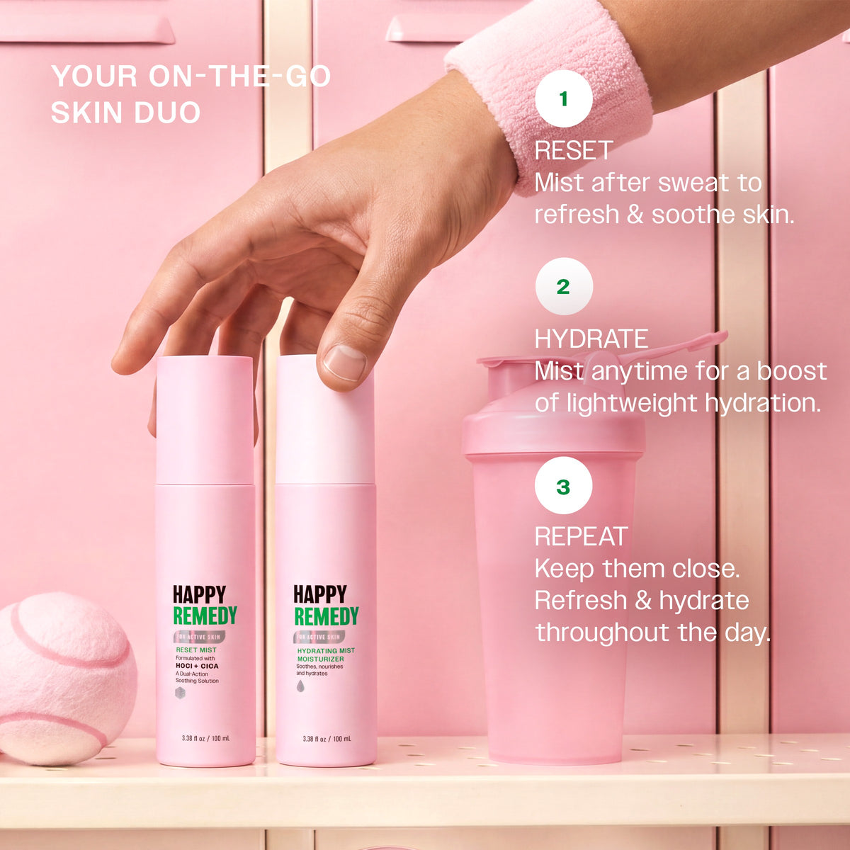Spray On The Go duo: Reset Mist and Hydrating Mist Moisturizer. Reset after sweat to refresh and soothe skin, hydrate anytime for lightweight moisture, and repeat throughout the day